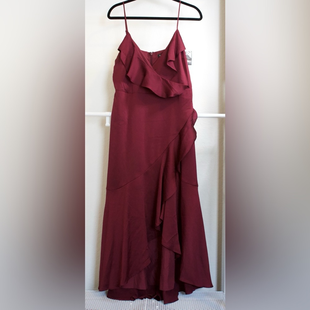 NWOT - Express Chiffon Ruffle Wrap Hi-Lo Maxi Dress - Burgundy